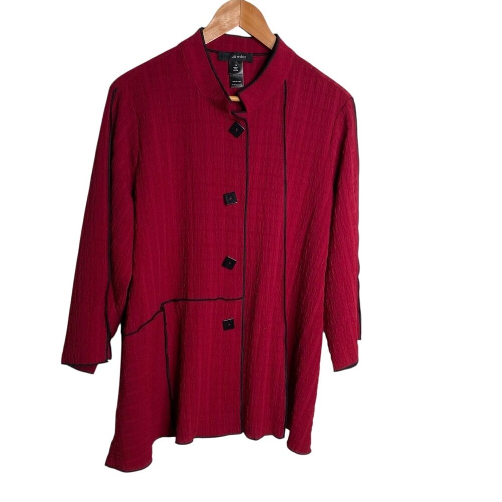 Ali Miles Women's Top Deep Red Sz 1X Button Up Wire Collar Lagenlook Textured